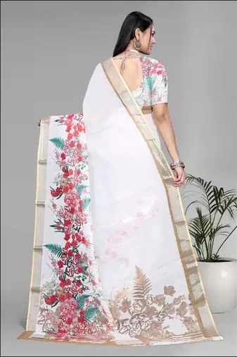 white  linen  digital print saree (white)