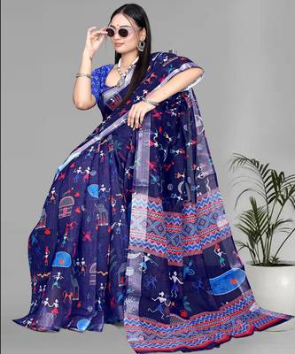 blue  linen digital print saree (navy blue) 1