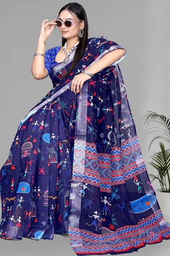 blue  linen digital print saree (navy blue)