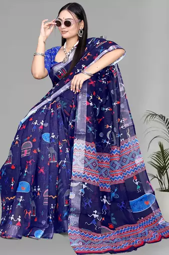 blue  linen digital print saree (navy blue)