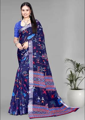 blue  linen digital print saree (navy blue) 3