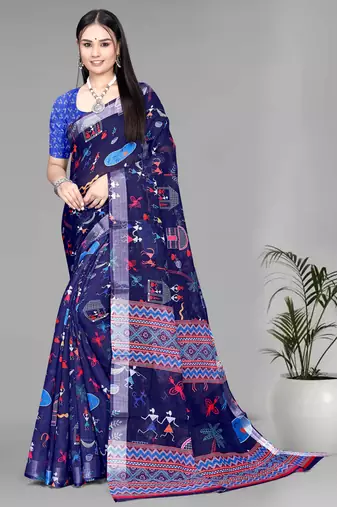 blue  linen digital print saree (navy blue)