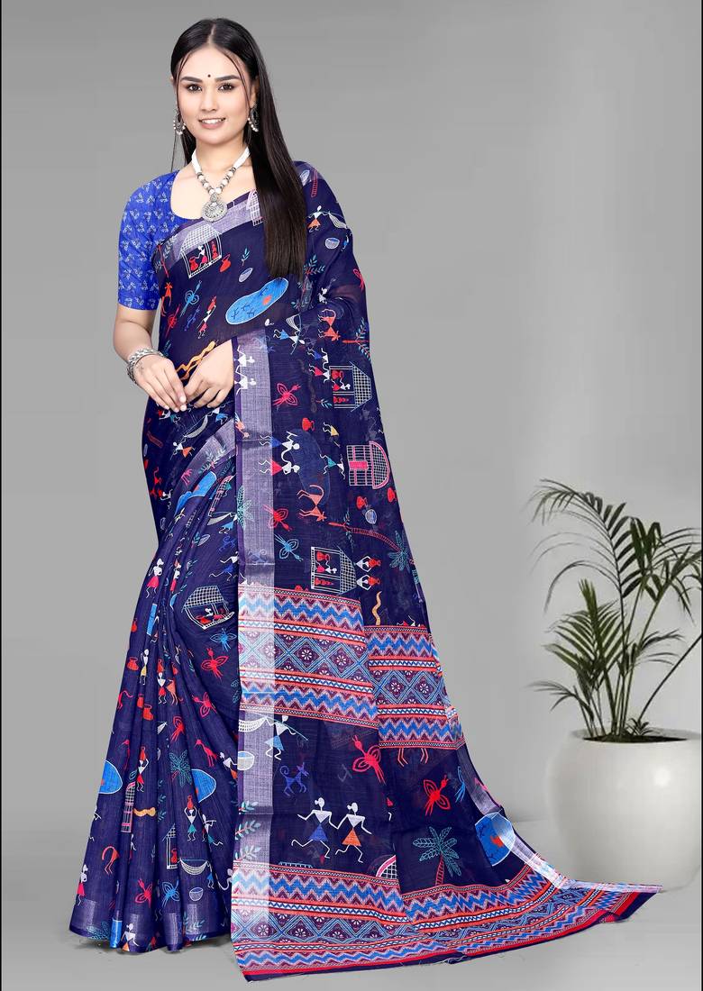 blue  linen digital print saree (navy blue)