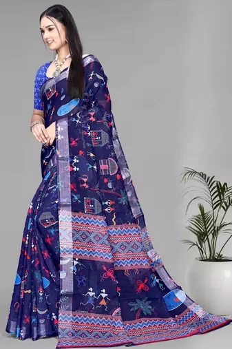 blue  linen digital print saree (navy blue)