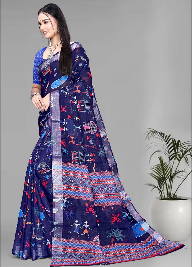 blue  linen digital print saree (navy blue)