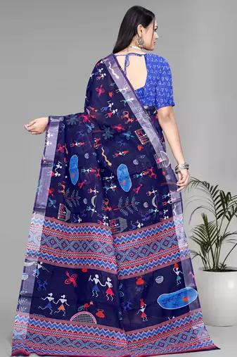 blue  linen digital print saree (navy blue)