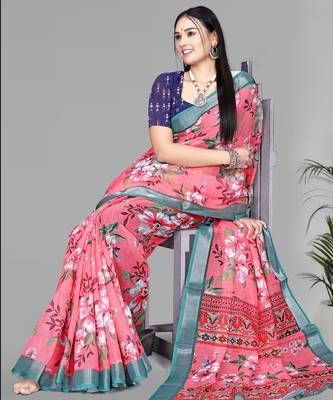 pink floral linen cotton digital print saree (pink) 1