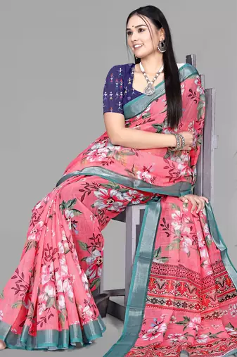 pink floral linen cotton digital print saree (pink)