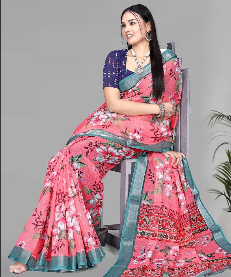 pink floral linen cotton digital print saree (pink)