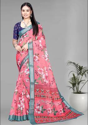 pink floral linen cotton digital print saree (pink) 3