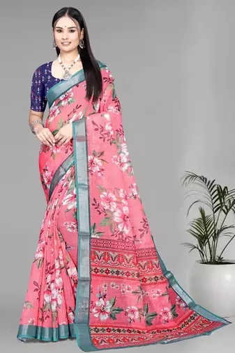 pink floral linen cotton digital print saree (pink)