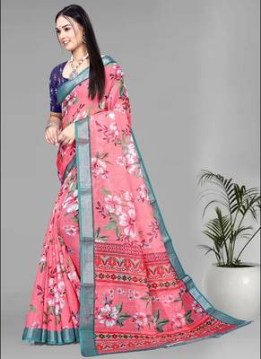 pink floral linen cotton digital print saree (pink) 4