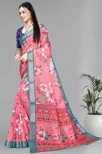 pink floral linen cotton digital print saree (pink)