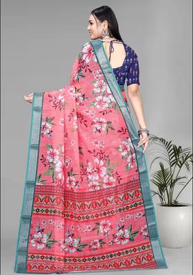 pink floral linen cotton digital print saree (pink) 5