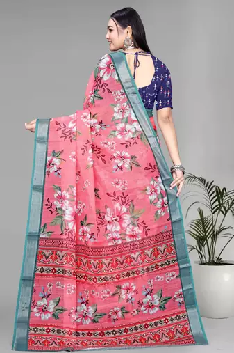 pink floral linen cotton digital print saree (pink)