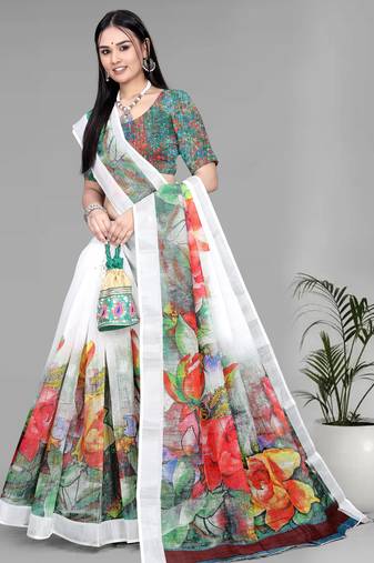 white  linen  digital print saree (white)