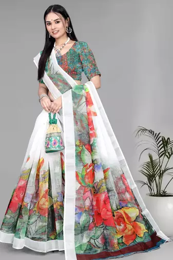 white  linen  digital print saree (white)