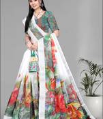 white  linen  digital print saree (white)