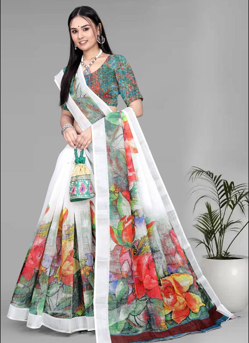 white  linen  digital print saree (white)