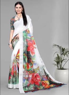 white  linen  digital print saree (white) 3