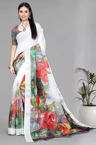 white  linen  digital print saree (white)