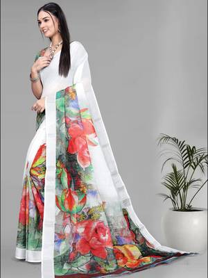 white  linen  digital print saree (white) 4