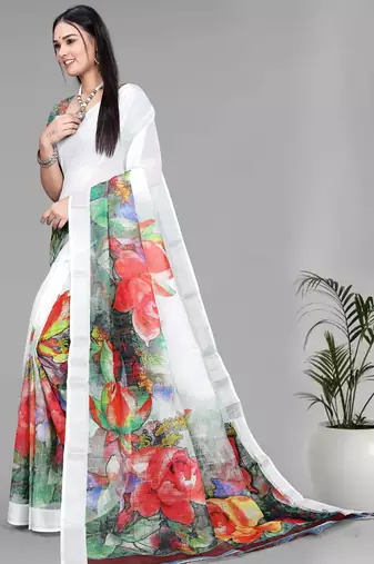 white  linen  digital print saree (white)