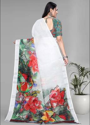 white  linen  digital print saree (white) 5
