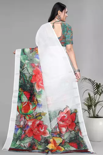 white  linen  digital print saree (white)
