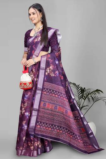 wine floral linen cotton digital print saree (purple)