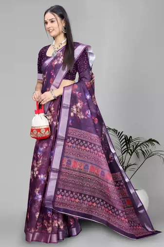 wine floral linen cotton digital print saree (purple)