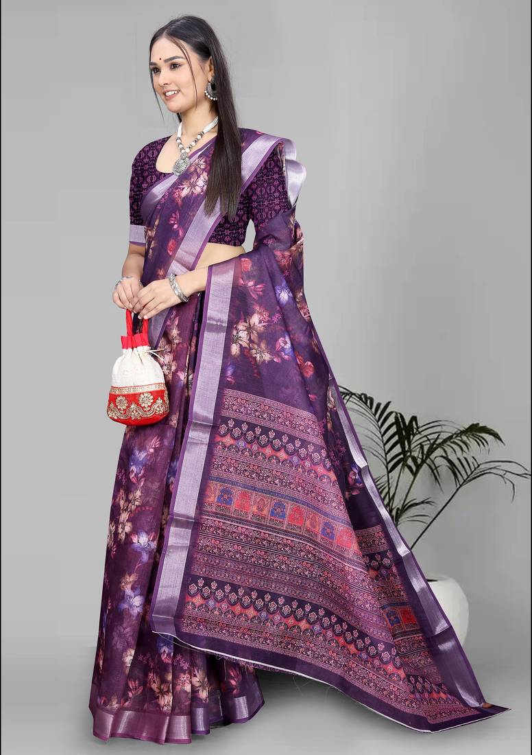 wine floral linen cotton digital print saree (purple)