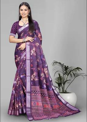 wine floral linen cotton digital print saree (purple) 3