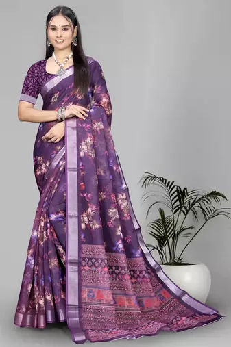 wine floral linen cotton digital print saree (purple)