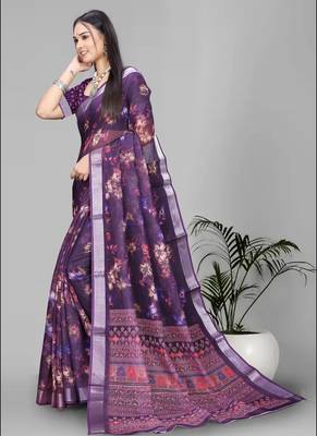 wine floral linen cotton digital print saree (purple) 4