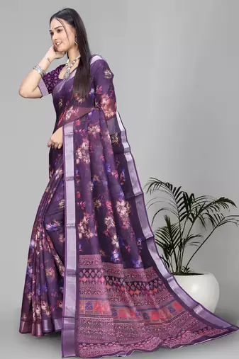 wine floral linen cotton digital print saree (purple)