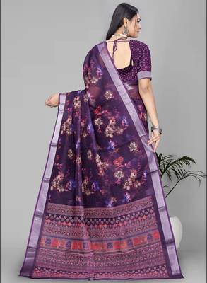 wine floral linen cotton digital print saree (purple) 5