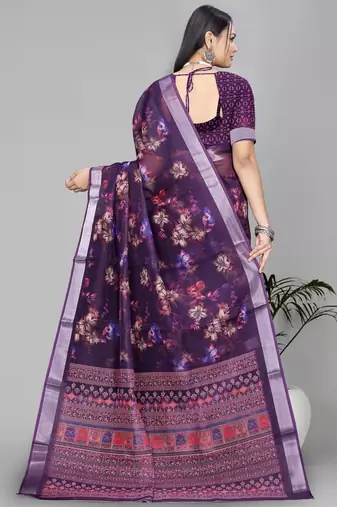wine floral linen cotton digital print saree (purple)