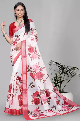 white floral linen cotton digital print saree (red)