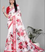 white floral linen cotton digital print saree (red)