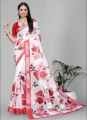 white floral linen cotton digital print saree (red) 2
