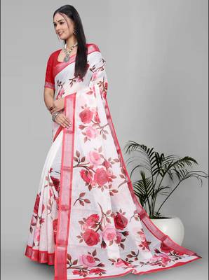 white floral linen cotton digital print saree (red) 3