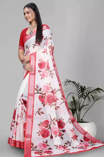 white floral linen cotton digital print saree (red)