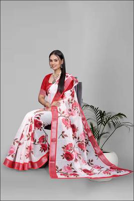 white floral linen cotton digital print saree (red) 4