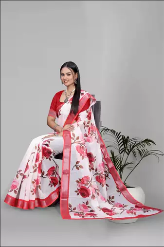 white floral linen cotton digital print saree (red)