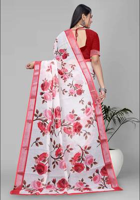 white floral linen cotton digital print saree (red) 5