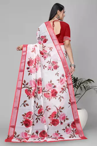 white floral linen cotton digital print saree (red)
