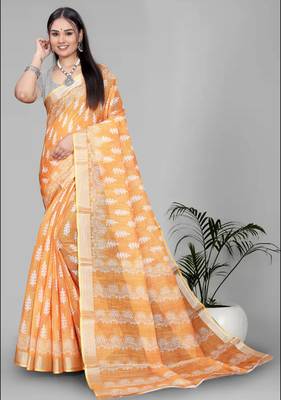 yellow  linen cotton  digital print saree (yellow) 1