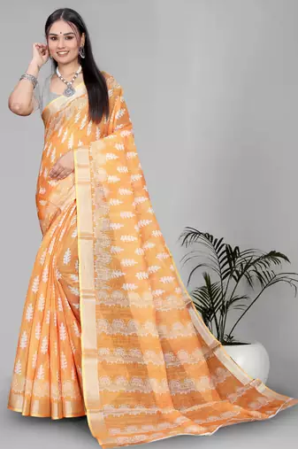 yellow  linen cotton  digital print saree (yellow)