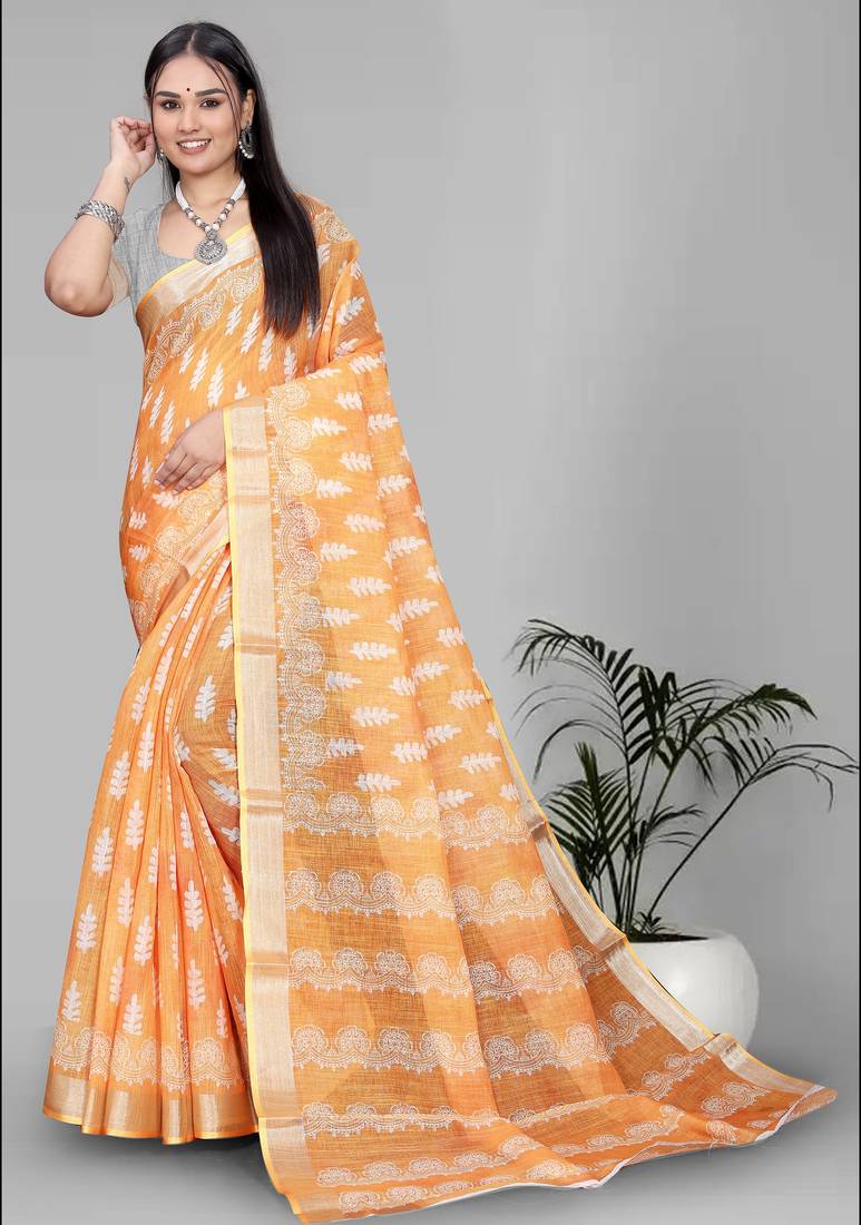 yellow  linen cotton  digital print saree (yellow)